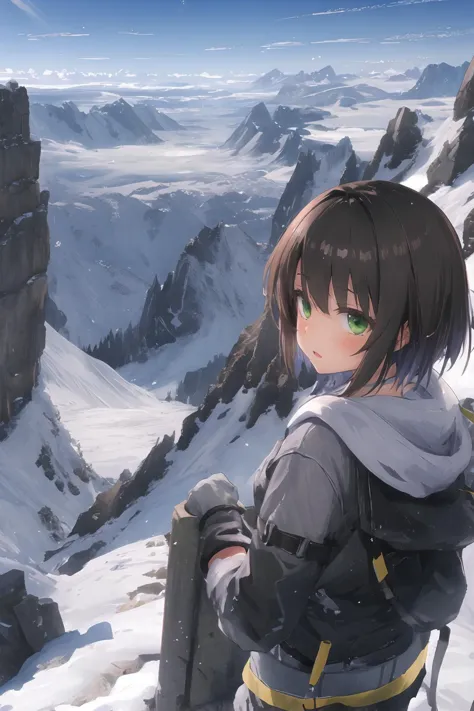 anime girl standing on top of a mountain looking at the snow