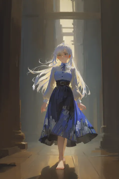 a girl in a blue dress standing in a hallway