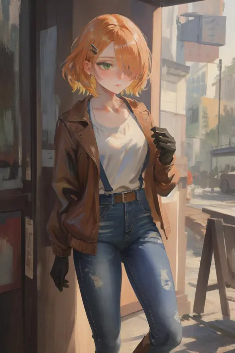 a painting of a woman in a brown jacket and jeans