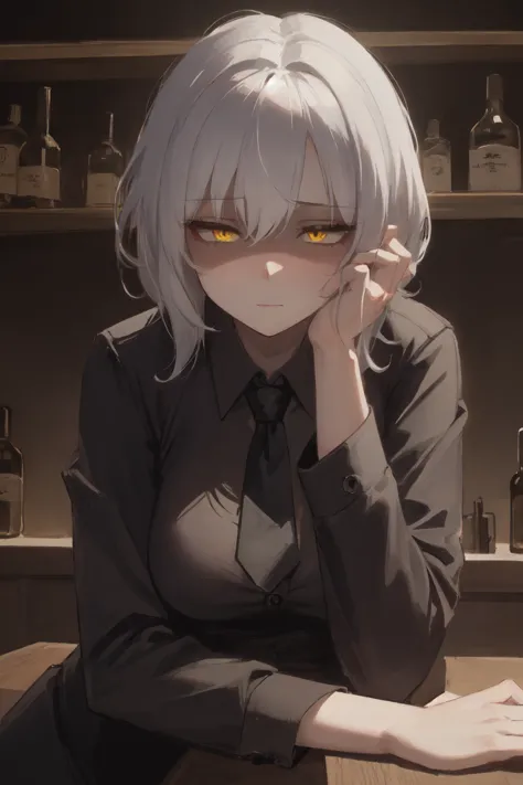 anime girl with white hair and yellow eyes sitting at a table