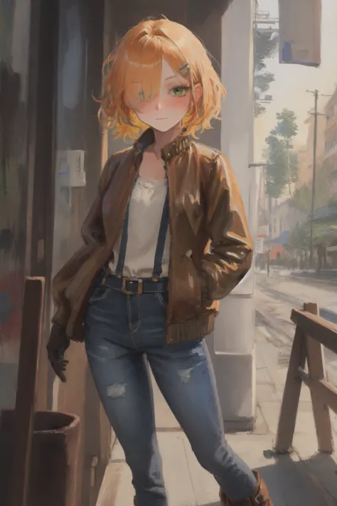 anime girl in a brown jacket and jeans standing on a sidewalk