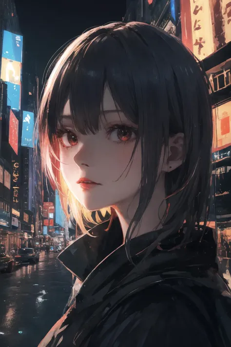 a woman with long hair and red eyes standing in the middle of a city