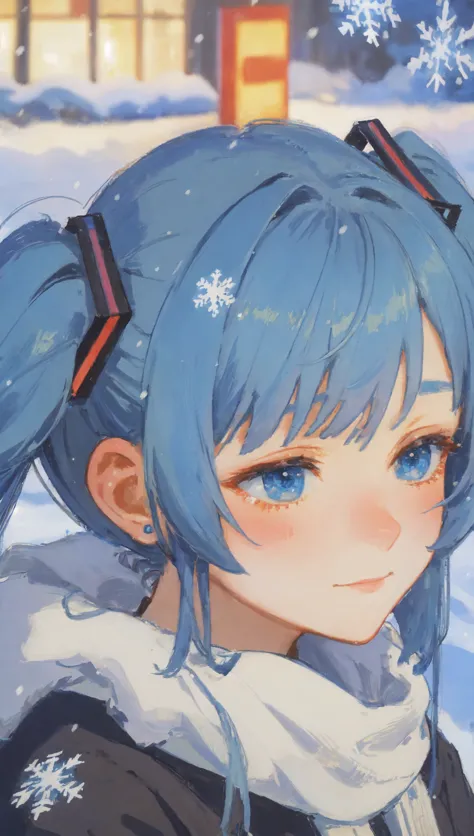 anime girl with blue hair and blue eyes in the snow