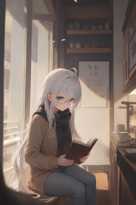 masterpiece, best quality, very detailed background, 1girl, pov, casual outfit, sweater, scarf, jeans, very long hair, white hair, ahoge, blue eyes, reading glasses, reading a book, sitting, looking at viewer, sitting beside, cozy afternoon, coffee shop, comfortable chairs, mellow lighting, snowing outside the window