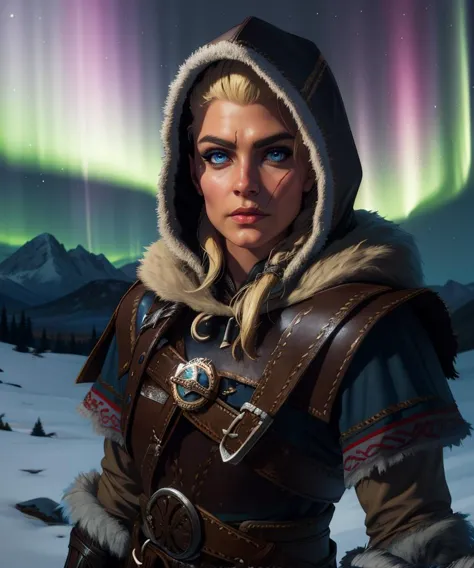 a woman in a hoodedie standing in front of a mountain with aurora lights