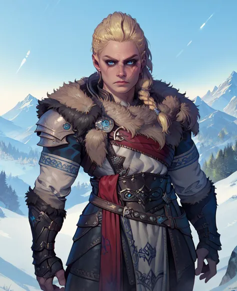 score_9,score_8_up,score_7_up,score_6_up,
eivorxl,scar on face,blonde hair,blue eyes,side braid,
leather armor,fur trim,  red sa...