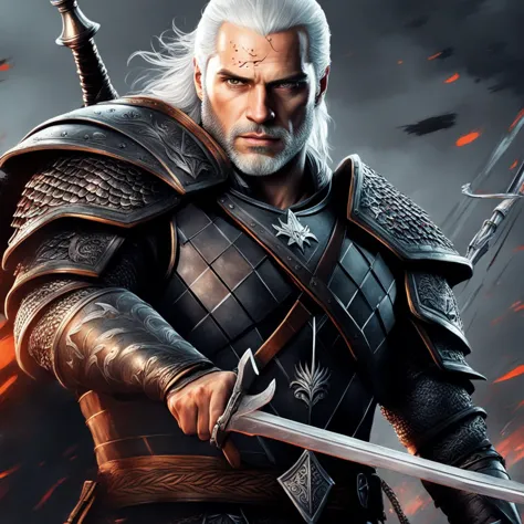 concept art breathtaking Henry Cavill as Witcher fighting monster . award-winning, professional, highly detailed . digital artwo...