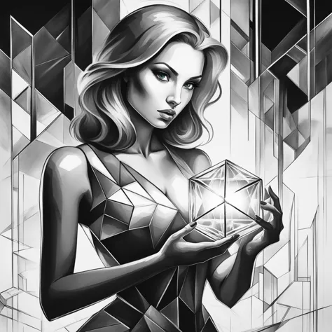 breathtaking Perfect Cubism. Fantasy ink painting. Beautiful woman holding a small glowing cube. complete body. 16k. Selective c...
