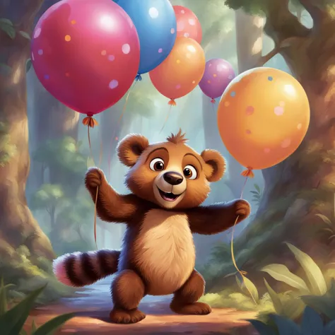 concept art breathtaking cute amazing little teddy brown bear and Lemur  play with balloons in fantasy world, Imaginarium,  magi...