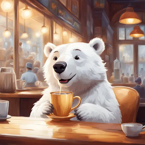 concept art breathtaking cute amazing  white  bear drink coffee in coffee shop,   , vivid, postcard  . award-winning, profession...