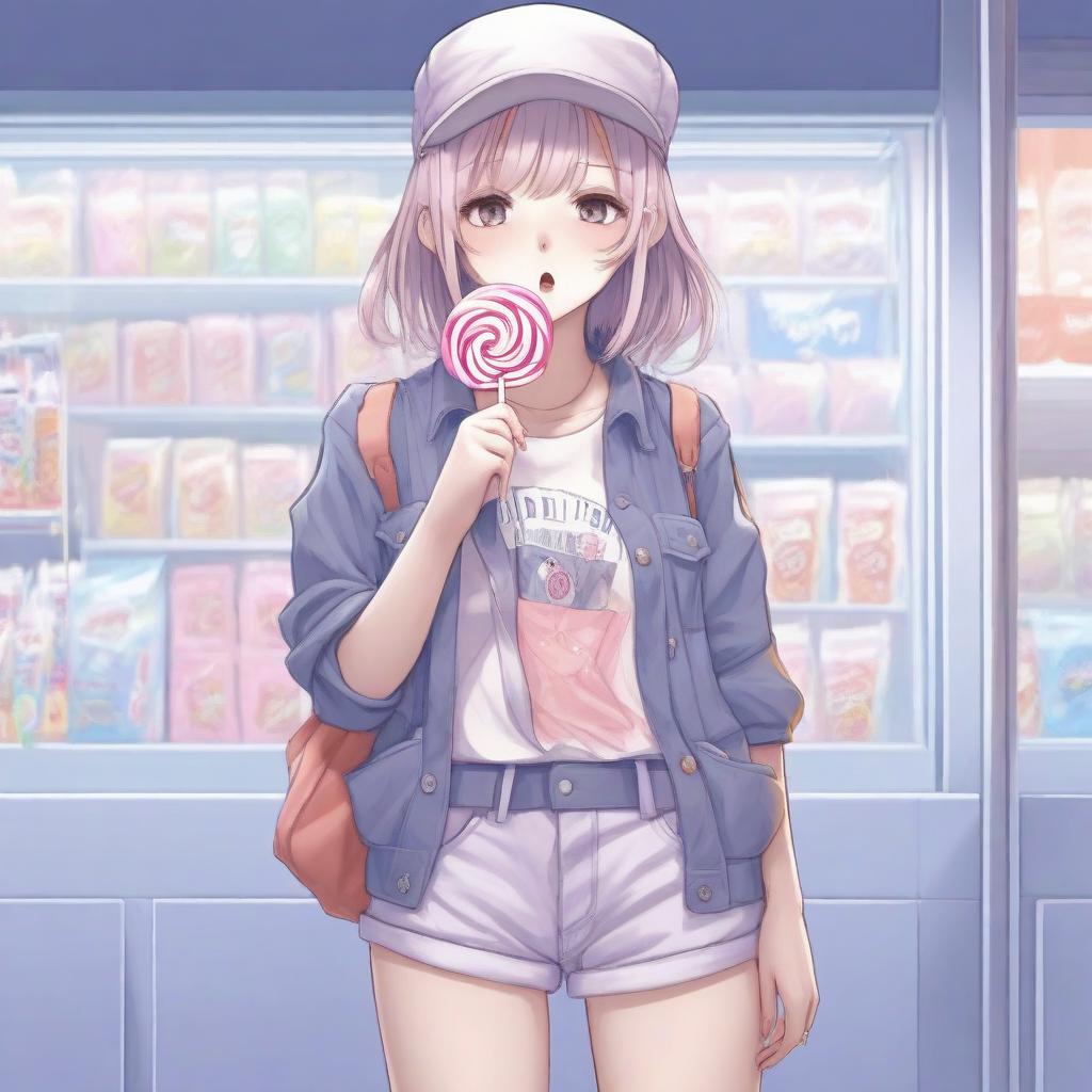 Anime girl with a lollipop in her mouth standing in front of a store -  SeaArt AI