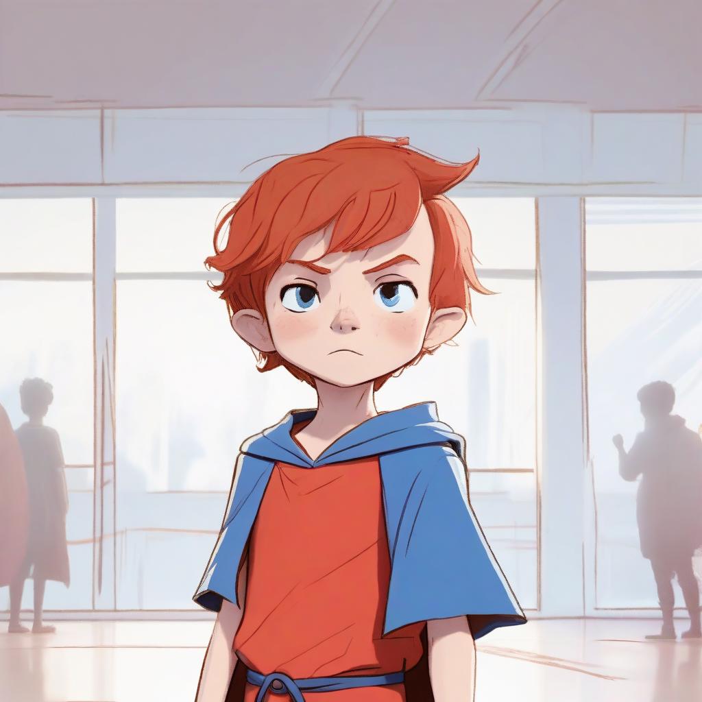 Anime boy with red hair and blue cape standing in a room - SeaArt AI