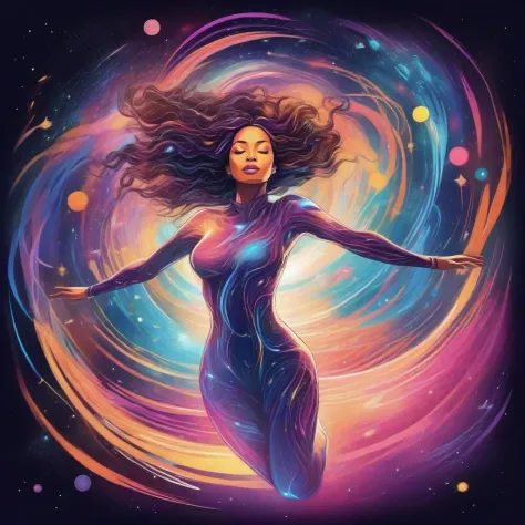 illustration of a beautiful woman floating in space, energy swirls wrapping around her, astral, cosmic, vivid colors
high qualit...