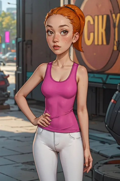 summer.smith, orange hair, 1girl, ponytail, solo, pink tank top, white pants, breasts,looking at viewer,standing, upper body, hand on hip,       <lora:summer2-000007:0.6>