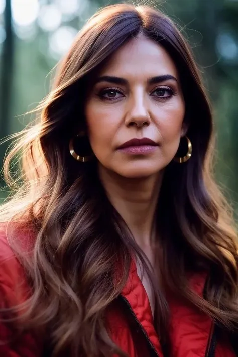 a close up of a woman with long hair wearing a red jacket