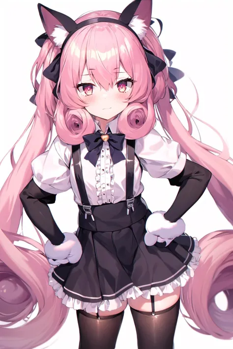 1girl, animal_ears, animal_hands, black_legwear, black_skirt, bow, closed_mouth, frills, hairband, hand_on_hip, looking_at_viewer, paw_gloves,puffy_short_sleeves, puffy_sleeves, shirt, skirt, solo, suspender_skirt, suspenders, tail, very_long_hair, white_b...