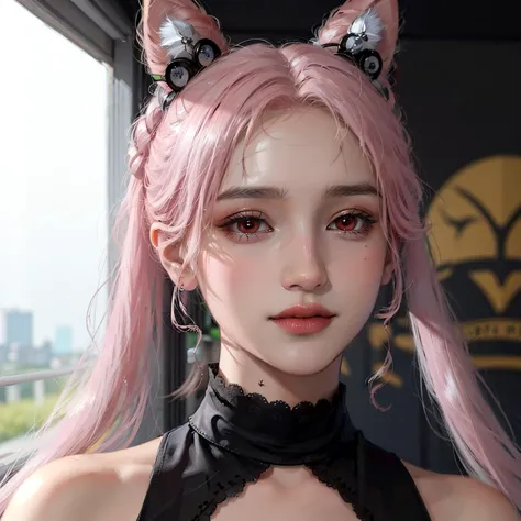 anime girl with pink hair and cat ears wearing a black top