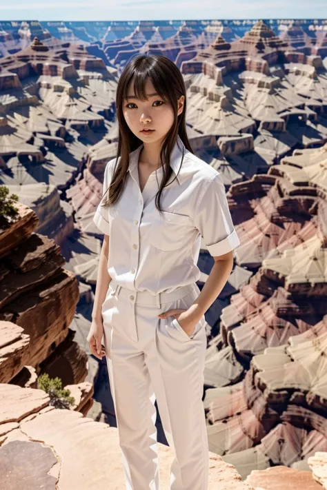 <lora:tsubasa_hazuki_obj20:0.5>, full_body, standing, sandals, (shirt), pants, (grand canyon), (tsubasa_hazuki: 1.2), perfect face, (contact iris: 1.1), pale skin, skin pores , depth of field