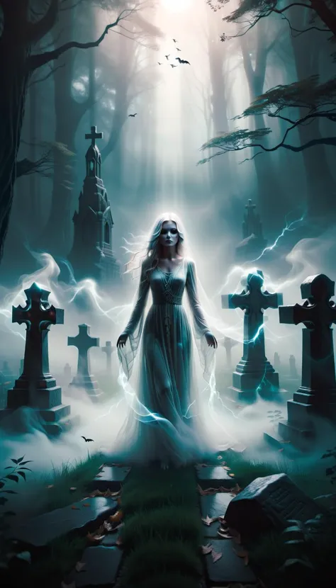 Design a hauntingly beautiful artwork featuring a mist-filled graveyard against an abstract background of light, a ghostlystyle ...