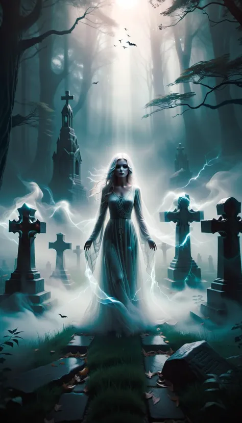 Design a hauntingly beautiful artwork featuring a mist-filled graveyard against an abstract background of light, a ghostlystyle 1girl floating figure, translucent form and ethereal presence, solo, detailed glowing eyes, dark eerie lighting effects casting long shadows across ancient tombstones, emphasize themes of solitude and melancholy and the supernatural to create an atmospheric mood that captures the essence of Halloween, abstract lighting source, trending on ArtStation, showcase its unique blend of styles and themes, 
 <lora:Randommaxx_dark_offset_v1.1_lora_fp16:0.5> <lora:FaeTastic2:0.4> <lora:SDXLGhostStyle:0.6>