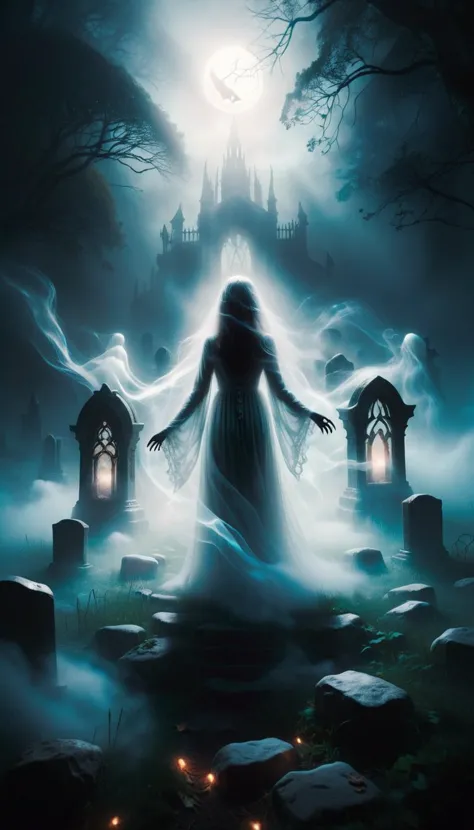 Design a hauntingly beautiful artwork featuring a mist-filled graveyard against an abstract background of light, a ghostlystyle ...