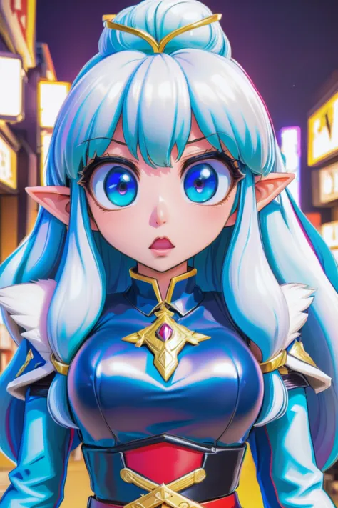 anime style, surprised, 1girl, woman, warpriest, elf, vivid azure hair, pointy hair, (full body:1.3), [:revealing costume design:0.2], bombshell hair, vivid white hair, Brushed Out Curls, chubby, narrow waist, small breasts, caucasian<lora:EnvyCuteXL08:0.55><lora:EnvyCuteXL01v12:0.6><lora:EnvyThiccXl02:-0.4>