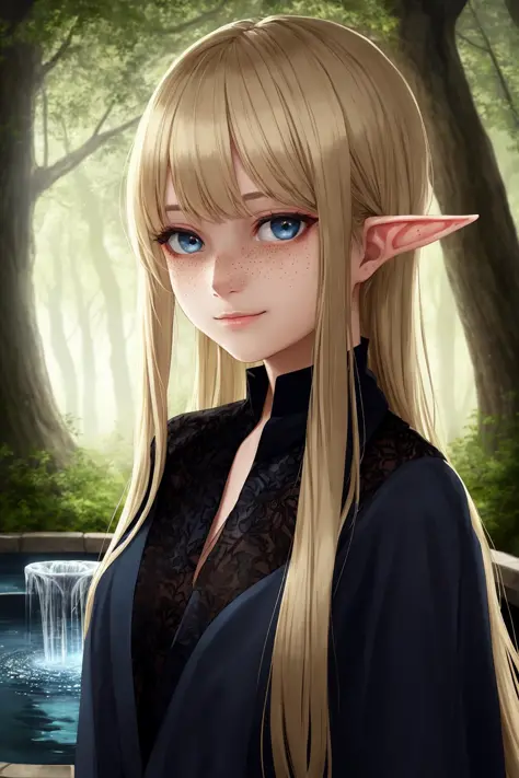 masterpiece, best quality, highest quality, bust shot, cinematic lighting, highly detailed, sharp focus, extremely detailed, ultra realistic, depth of field, bokeh, Global Illumination, volumetric lighting, subsurface scattering, caustics, bloom, [reflections], [shadows],
teenage elf girl wearing a shiny black silk lace kimono, at a (mystical fountain:1.05) in the woods, white clouds, rainbow, very long blonde hair, blue eyes, silk, (lace:1.1), tranparent, freckles, fantasy landscape, gentle smile