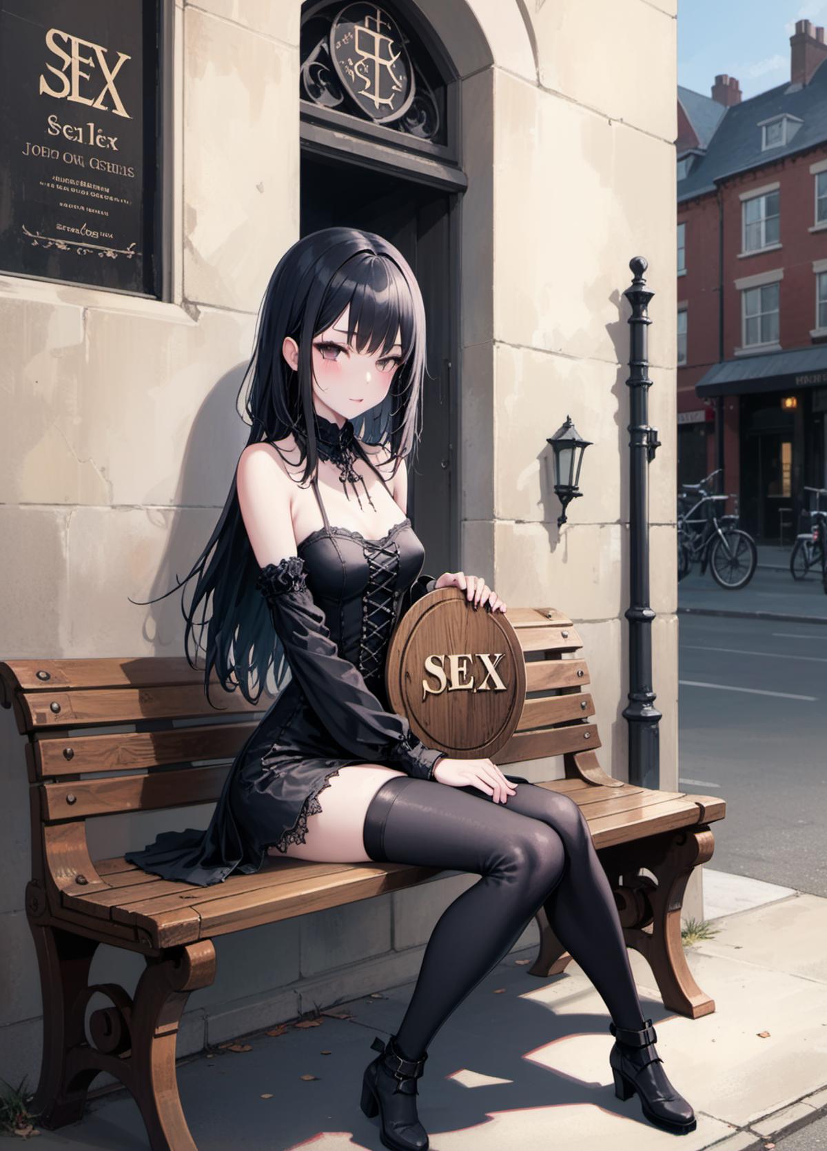 Anime girl sitting on a bench with a sex sign - SeaArt AI