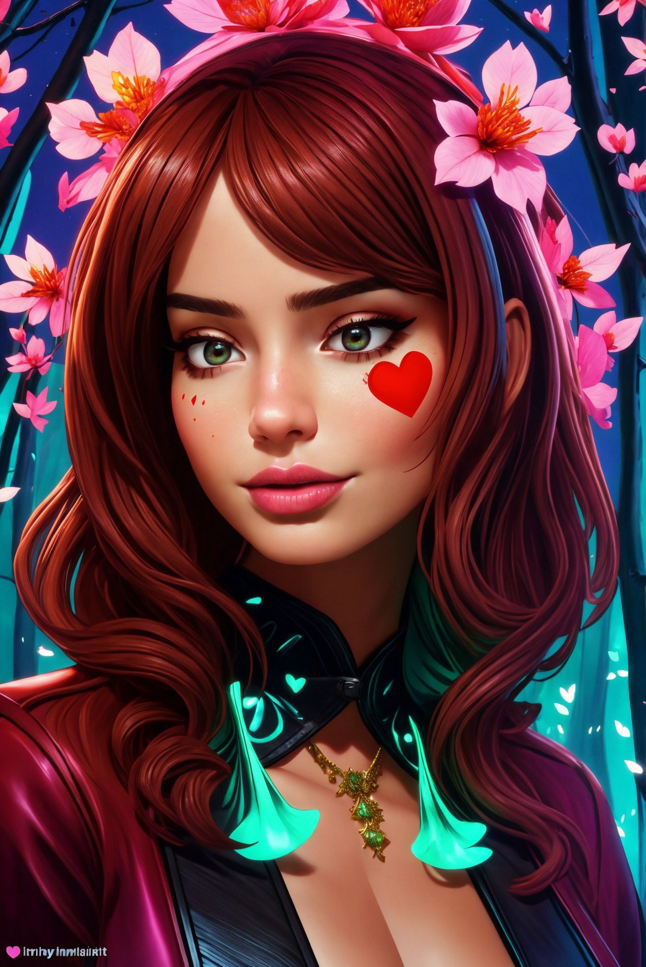 A woman with red hair and a heart on her face - SeaArt AI