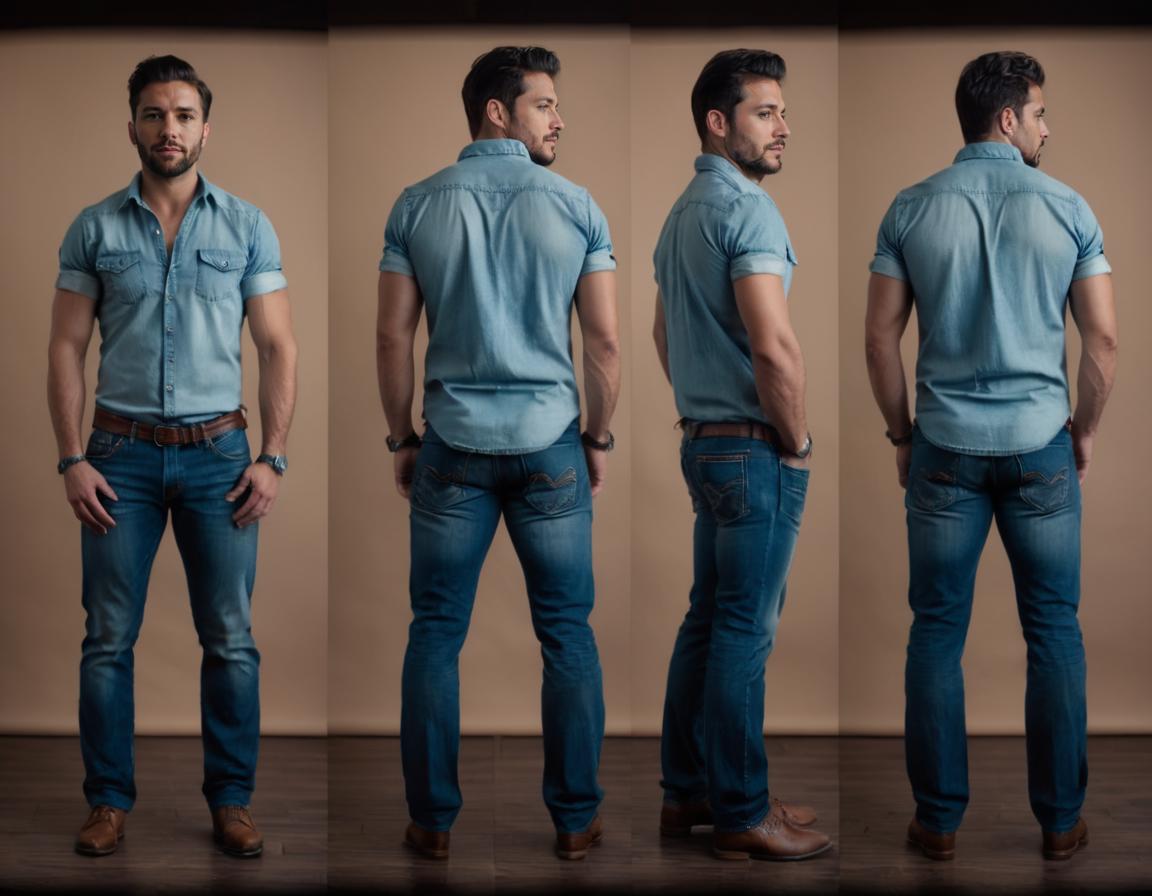 A close up of a man in a blue shirt and jeans - SeaArt AI