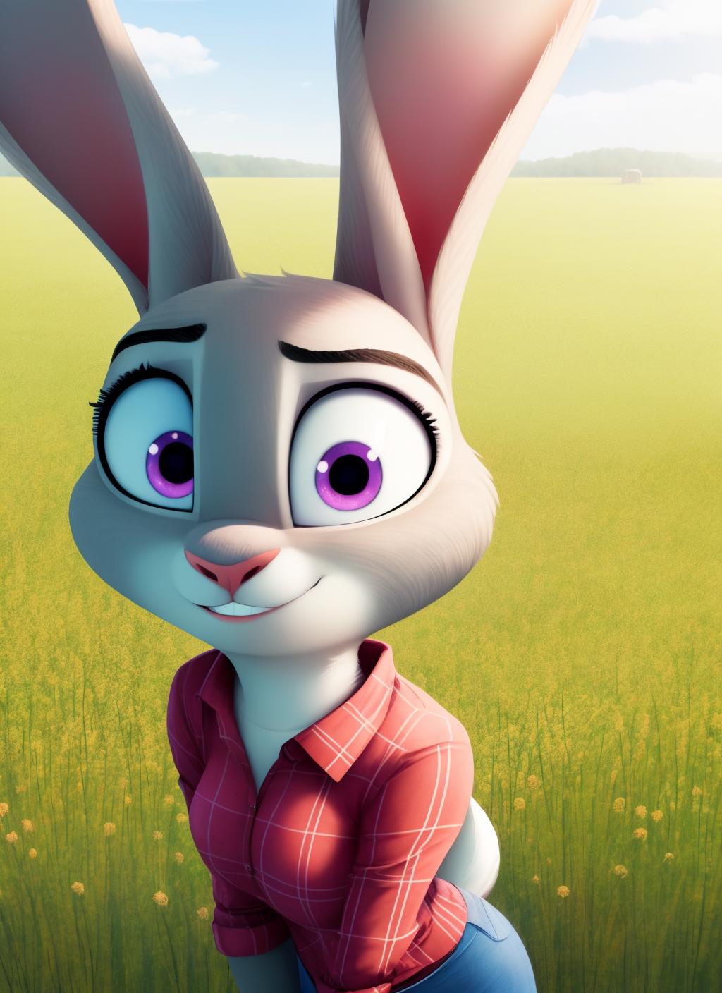 A cartoon rabbit in a red shirt standing in a field - SeaArt AI