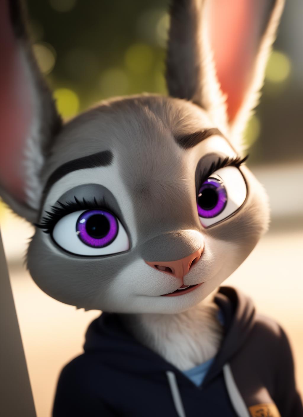 A close up of a cartoon rabbit with purple eyes and a hoodie - SeaArt AI