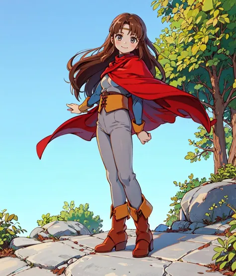 a woman in a red cape standing on a rock near a tree