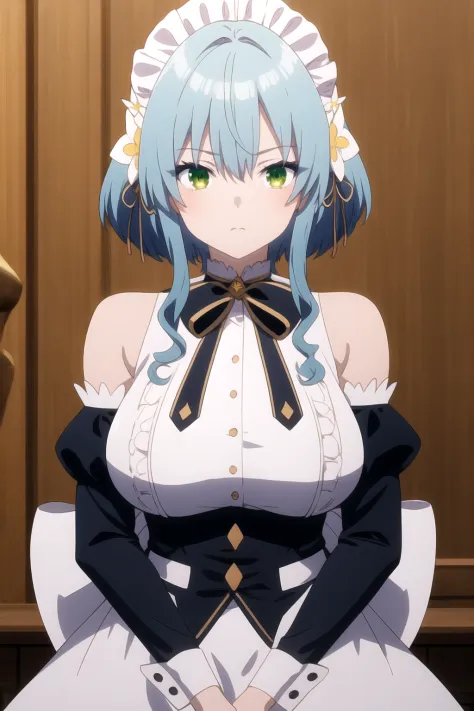 (masterpiece, best quality), villhaze, 1girl, blue hair, short hair, bangs, green eyes , hair between eyes, hair ornament, maid headdress, hair flower, sidelocks, medium breasts, white shirt, frilled shirt, neck ribbon, bare shoulders, detached sleeves, puffy sleeves, long sleeves, black sleeves, maid, waist apron, black skirt, upper body, looking at viewer, dynamic pose, <lora:villhazev1:0.8>