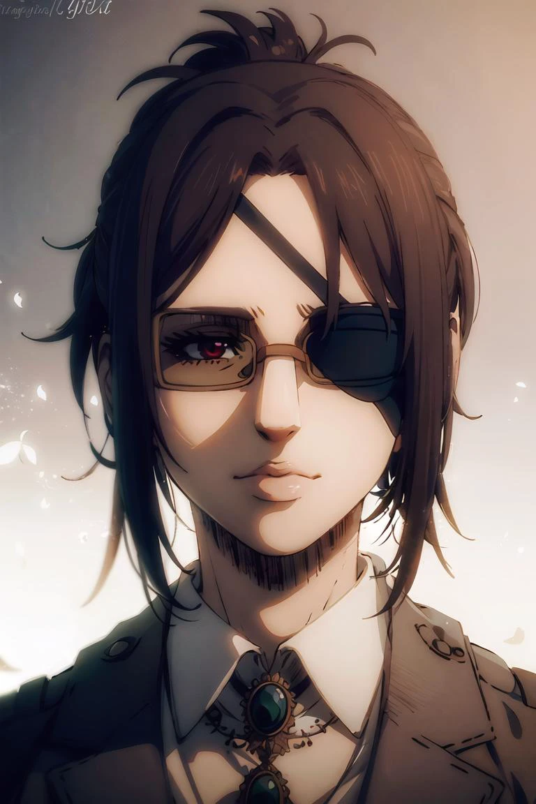 portrait of beautiful HangeAOT, 1girl, solo, black_hair, glasses, eyepatch, brown_background, volumetric lighting, best quality, masterpiece, intricate details, tonemapping, sharp focus, hyper detailed, trending on Artstation, 