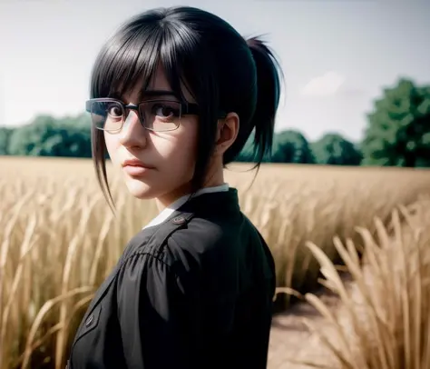 hangeaot, masterpiece, (photorealistic:1.4), best quality, beautiful lighting, hangeaot, 1girl, solo, black_hair, glasses, field...