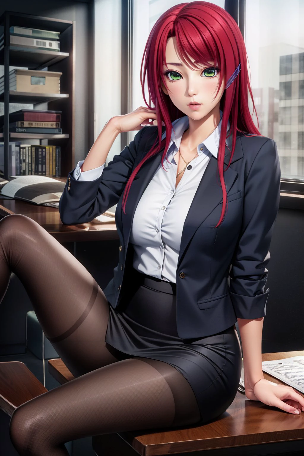 masterpiece, best quality, yukimuratouko_hm, 1girl, solo, long hair, breasts, looking at viewer, skirt, green eyes, jacket, pantyhose, red hair, hair flower, hand on hip, formal, suit, pencil skirt, skirt suit, hairclip, sitting, legs crossed, office, window,   