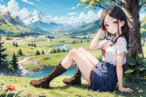 masterpiece, best quality,
1girl, forehead,  full body, boots, sky, sun, mountain, forest, grasslands