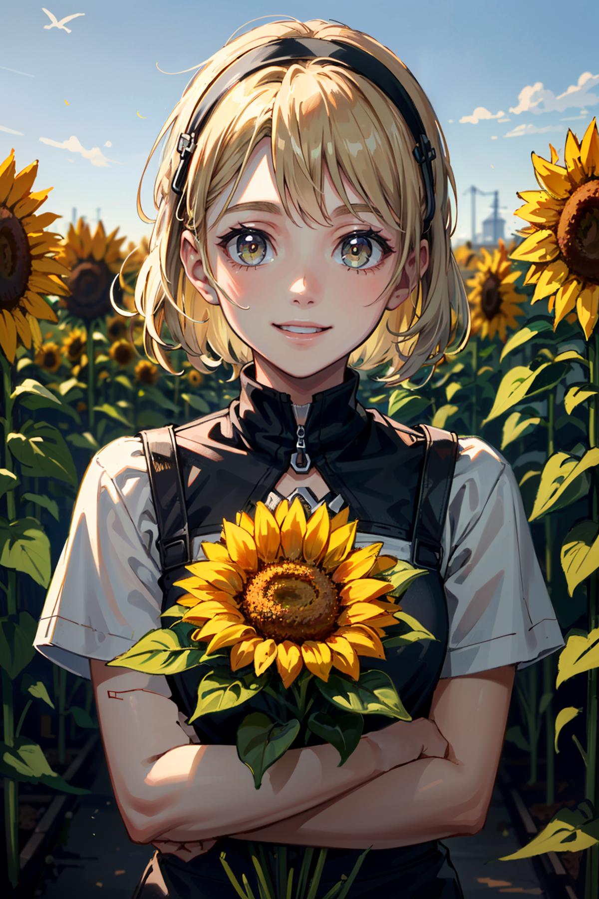 Anime girl with sunflowers in background watering a watering can 