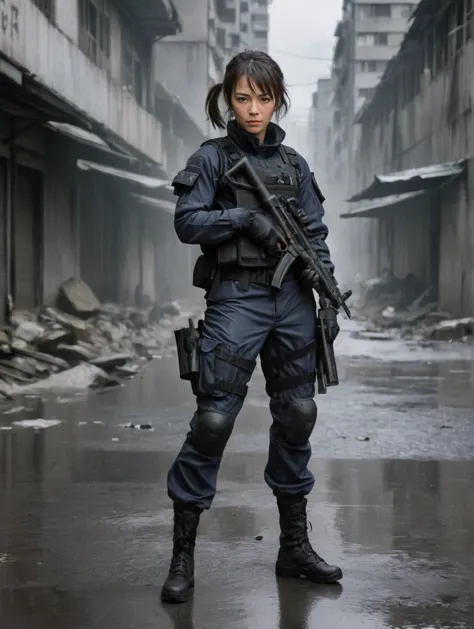 a woman in a black uniform holding a gun in a dirty street