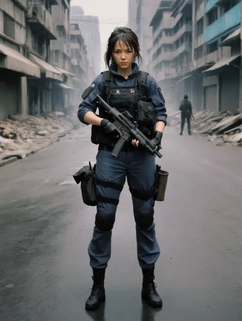 a woman in a police uniform holding a gun in a street