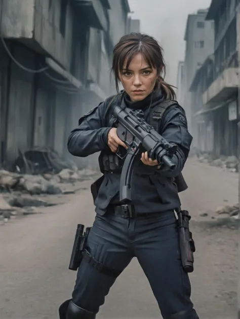 a woman in a black jacket holding a gun in a street