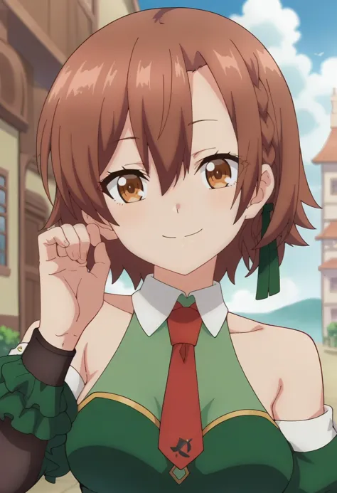 anime girl in green dress with red tie and green shirt