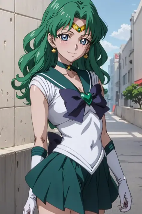 (anime:1.4), best quality, masterpiece, portrait, close-up,
1girl, sailor neptune, mature woman, aged up, small breasts, aqua eyes, dark green hair, medium hair, (sailor senshi uniform:1.2), back bow, white elbow gloves, plead skirt, looking at viewer, alley, (blush:1.2), smile,
