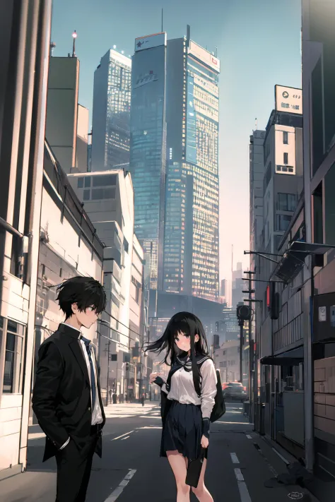 masterpiece, best quality, 1boy, school uniform, hand in pocket, school bag, black hair, black eyes,  <lora:meryV2:1>, cyberpunk, cityscape, skyscraper