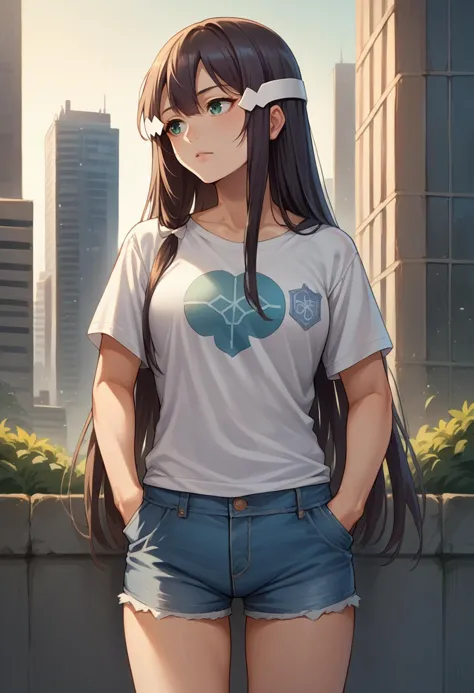 score_9, score_8_up, score_7_up, source_anime, 1girl, solo, MimoriTougouHeroSuit, long hair, headpiece, t-shirt, denim shorts, standing, outdoors, city, hands in pockets, <lora:ChamMimoriTougouHeroSuitPonyXL-000003:1>