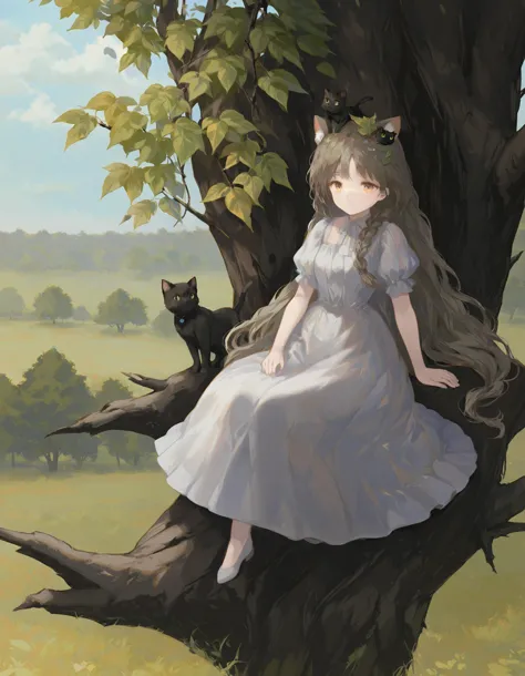 masterpiece, best quality,leaf, tree, 1girl, cat, long hair, in tree, dress, braid, sitting, outdoors, white dress, sitting in t...