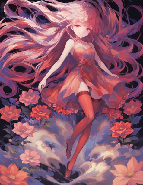 masterpiece, best quality,1girl, solo, smile, long hair, flower, colorful, looking at viewer, red flower, thighhighs, abstract, ...