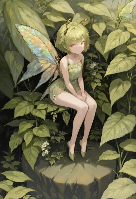 masterpiece, best quality,solo, wings, antennae, short hair, plant, insect wings, full body, fairy wings, looking at viewer, sit...