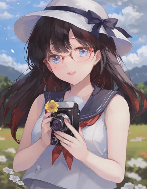 masterpiece, best quality,1girl, camera, outdoors, solo, holding camera, hat, blue eyes, holding, day, cloud, glasses, sky, red-...